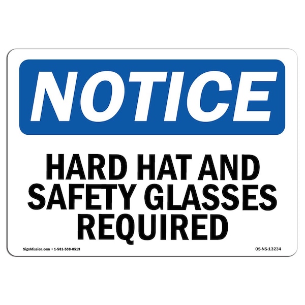 OSHA Sign, Hard Hat And Glasses Required, 5in X 3.5in Decal, 10PK, 5" W, 3.5" H, Landscape, PK10